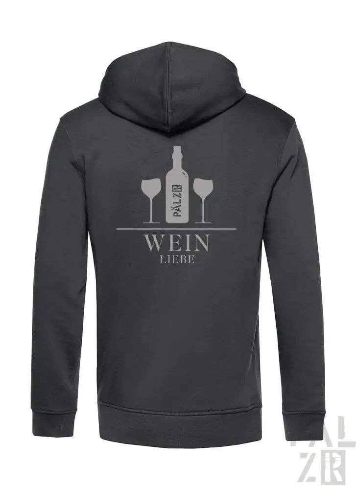 Dunkelgraues Hoodie mit Weinflaschen- und Gläser-Design, Text ’wein liebe’.