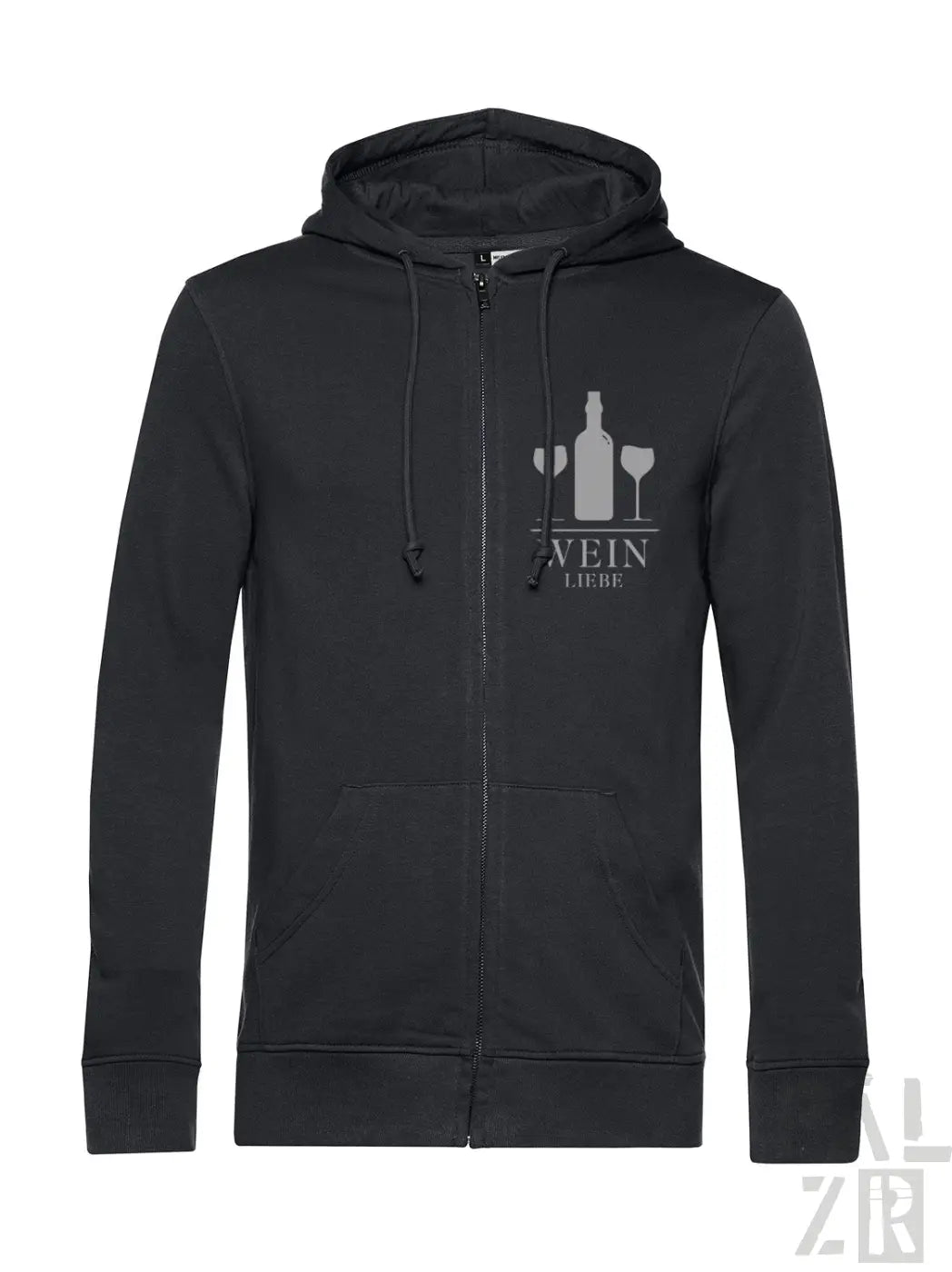 Schwarze Kapuzenjacke mit Reißverschluss und weinthematischem Grafikdesign mit Flaschen und Gläsern, Text ’wein’.