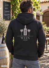 Schwarzer männer zipper hoodie mit weißem weinflaschendesign und pälzib wein liebe text in verschiedenen farben