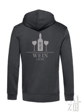 Dunkelgrauer zip-hoodie für männer mit silberner flasche und zwei gläsern grafik und text wein liebe