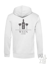Weißer männer zipper Hoodie mit grauem weinflaschen- und gläsermotiv und wein liebe schriftzug in verschiedenen farben