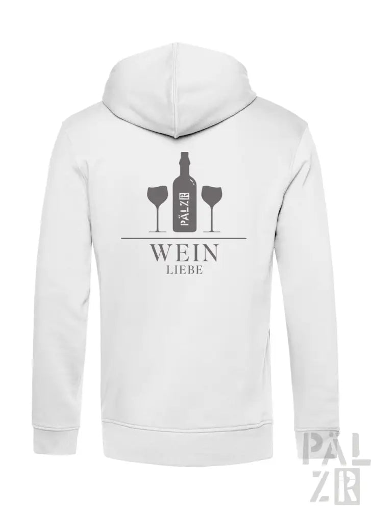 Weiße Hoodie mit Weinflaschen- und Gläser-Design, ’wein liebe’ Text.