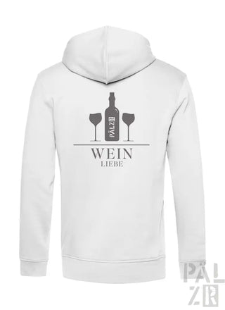 Weiße Hoodie mit Weinflaschen- und Gläser-Design, ’wein liebe’ Text.