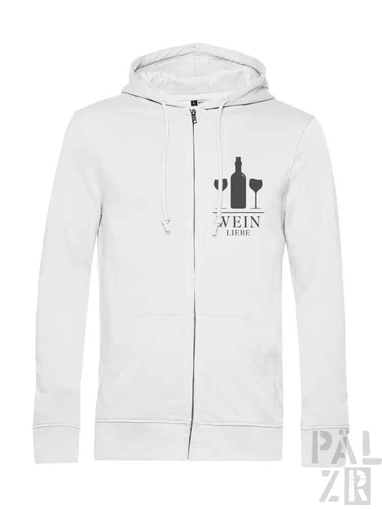 Weiße Kapuzenjacke mit Reißverschluss und weinthematisches Grafikdesign mit einer Flasche, zwei Gläsern und dem Wort ’Wein’ auf Deutsch.