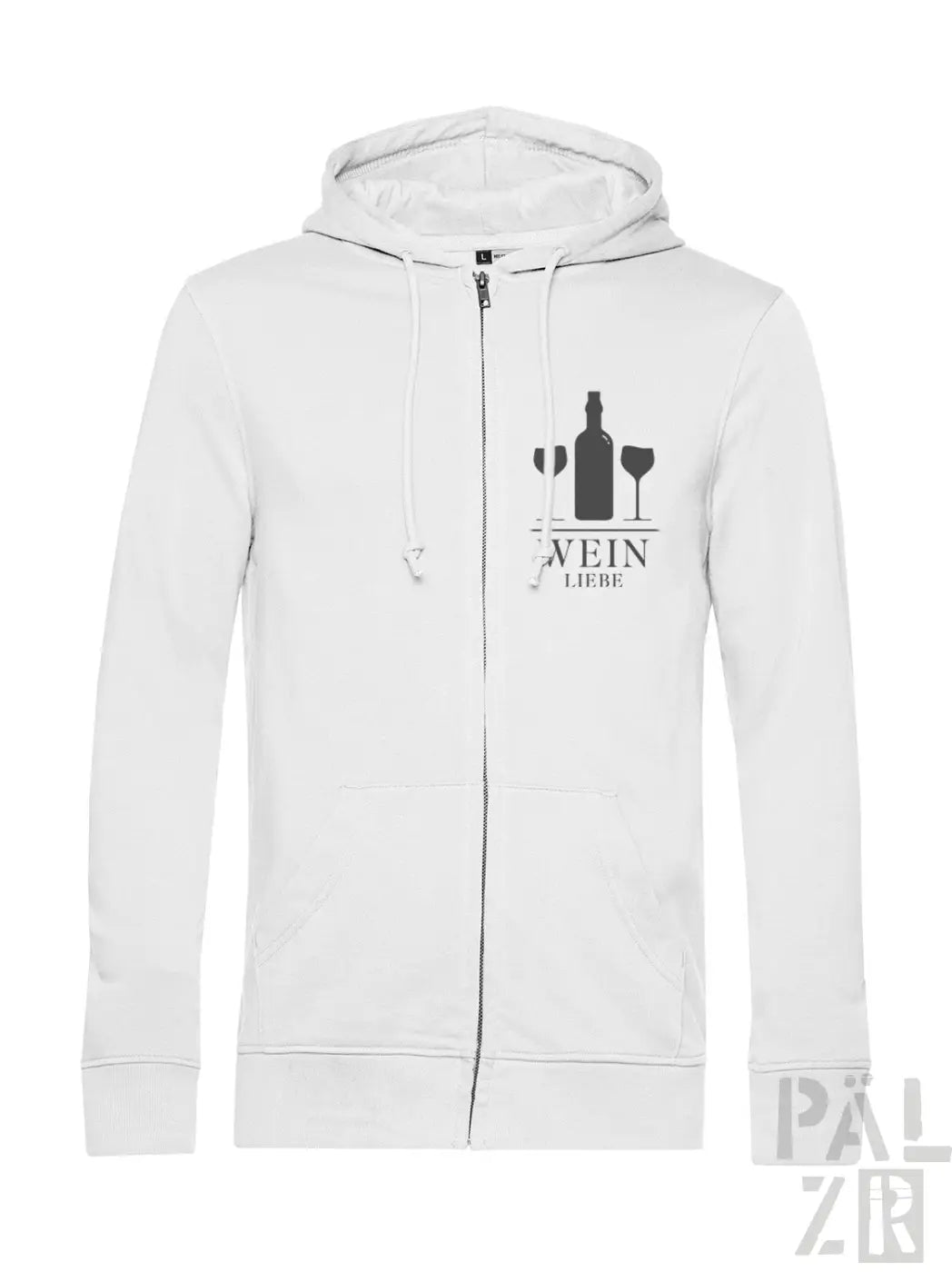 Weiße Kapuzenjacke mit Reißverschluss und weinthematisches Grafikdesign mit einer Flasche, zwei Gläsern und dem Wort ’Wein’ auf Deutsch.