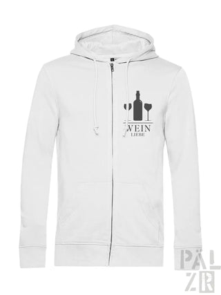 Weiße Kapuzenjacke mit Reißverschluss und weinthematisches Grafikdesign mit einer Flasche, zwei Gläsern und dem Wort ’Wein’ auf Deutsch.