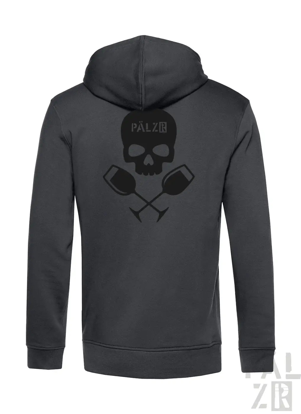 Hinteransicht eines dunkelgrauen zip-hoodies männer weinpirat mit schwarzem schädel und gekreuzten weingläsern und pälzer-schriftzug