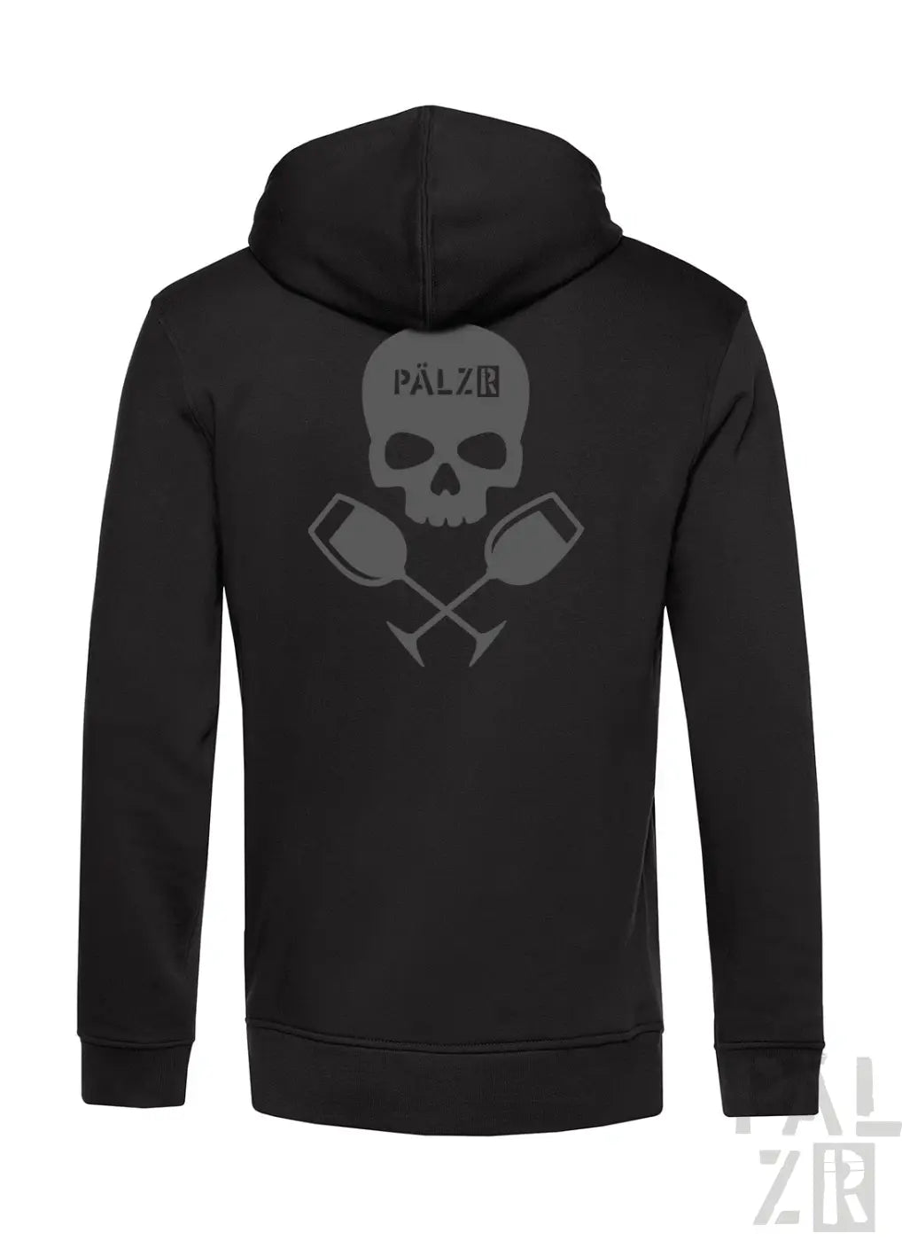 Black zip-up hoodie männer weinpirat with gray skull and crossed wine glasses graphic on back and pälzb text