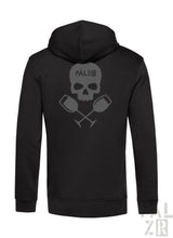 Black zip-up hoodie männer weinpirat with gray skull and crossed wine glasses graphic on back and pälzb text