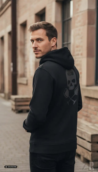 Schwarzer männer zipper hoodie von weinpirat mit grauem schädel und gekreuzten knochen auf der rückseite