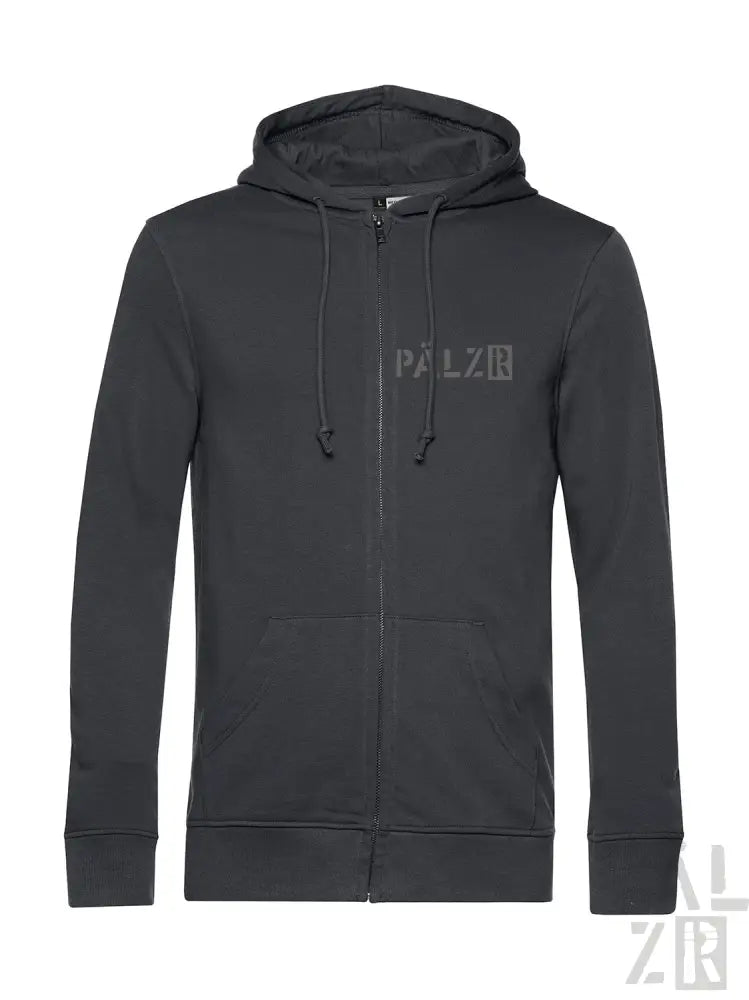 Schwarzer zip-up herrenhoodie von weinpirat mit grauem palz-logo und passenden kordeln in verschiedenen farben