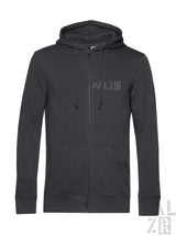 Schwarzer zip-up herrenhoodie von weinpirat mit grauem palz-logo und passenden kordeln in verschiedenen farben