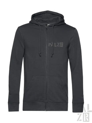 Schwarzer zip-up herrenhoodie von weinpirat mit grauem palz-logo und passenden kordeln in verschiedenen farben