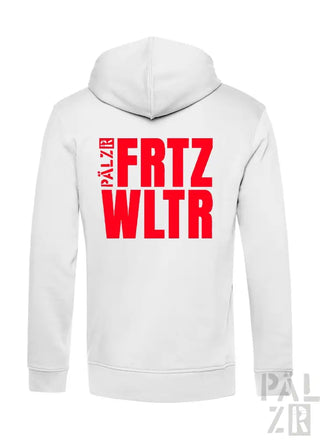 Weiße Kapuzenjacke mit rotem Text ’palzir frtz wltr’ und Kapuze, aus Baumwolle.