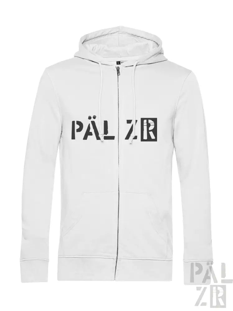 Weiße Kapuzenjacke mit Reißverschluss und ‚päl zr‘-Logo vorne und hinten.