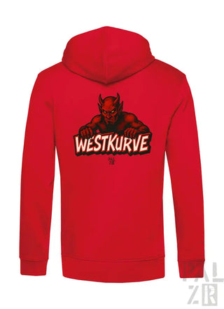 Rote Kapuzenjacke mit Teufel-Design und ’westkurve’-Text, wahrscheinlich aus Baumwolle oder Polyester-Mischung.