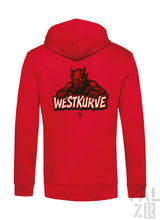 Rote Kapuzenjacke mit Teufel-Design und ’westkurve’-Text, wahrscheinlich aus Baumwolle oder Polyester-Mischung.