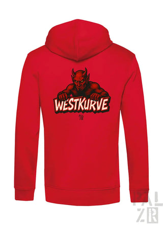 Rote Kapuzenjacke mit Teufel-Design und ’westkurve’-Text, wahrscheinlich aus Baumwolle oder Polyester-Mischung.