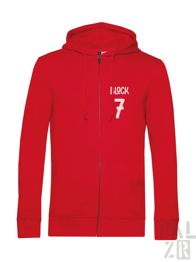 Rotes Kapuzen-Sweatshirt mit Reißverschluss und „i rock 7“-Design auf der Vorderseite.
