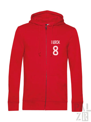Rotes Kapuzen-Sweatshirt mit Reißverschluss und ’i hock 8’’-Design auf der Vorderseite, wahrscheinlich aus Baumwolle oder Polyester-Mischung gefertigt.