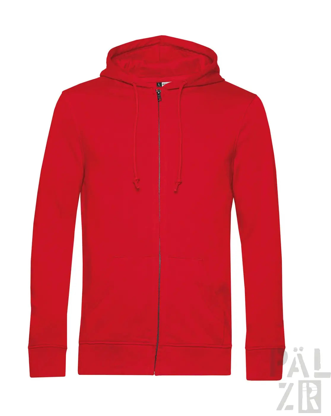 Roter Kapuzenpulli mit Kapuze und Vorderreißverschluss, wahrscheinlich aus Baumwolle oder Polyester-Mischung.