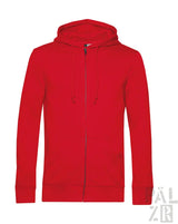 Roter Kapuzenpulli mit Kapuze und Vorderreißverschluss, wahrscheinlich aus Baumwolle oder Polyester-Mischung.