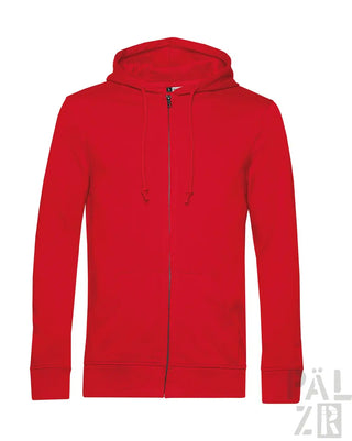 Roter Kapuzenpulli mit Kapuze und Vorderreißverschluss, wahrscheinlich aus Baumwolle oder Polyester-Mischung.