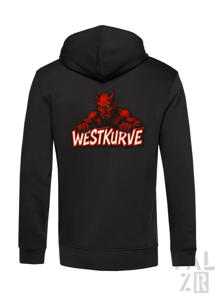 Schwarze Kapuzenjacke mit Reißverschluss, rotem Teufel-Grafik und ’westkurve’-Text.