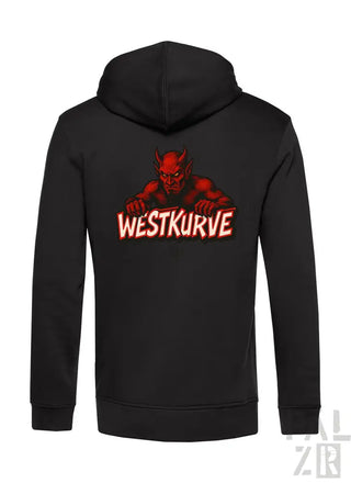 Schwarze Kapuzenjacke mit Reißverschluss, rotem Teufel-Grafik und ’westkurve’-Text.