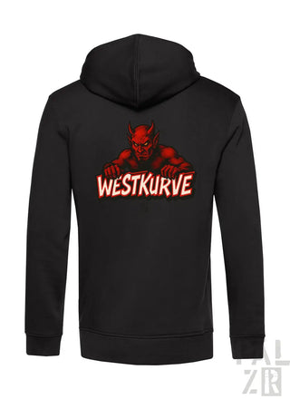 Schwarze Kapuzenjacke mit Reißverschluss, rotem Teufel-Grafik und ’westkurve’-Text.