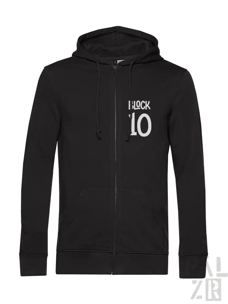 Schwarzes Reißverschluss-Hoodie mit ’i lock 10’’ Textdesign, wahrscheinlich aus Baumwolle oder Polyester-Mischung gefertigt.