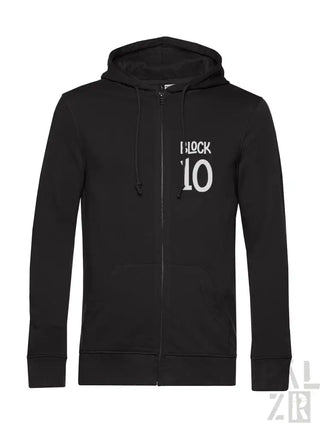 Schwarzes Reißverschluss-Hoodie mit ’i lock 10’’ Textdesign, wahrscheinlich aus Baumwolle oder Polyester-Mischung gefertigt.
