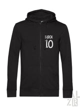 Schwarzes Reißverschluss-Hoodie mit ’i lock 10’’ Textdesign, wahrscheinlich aus Baumwolle oder Polyester-Mischung gefertigt.