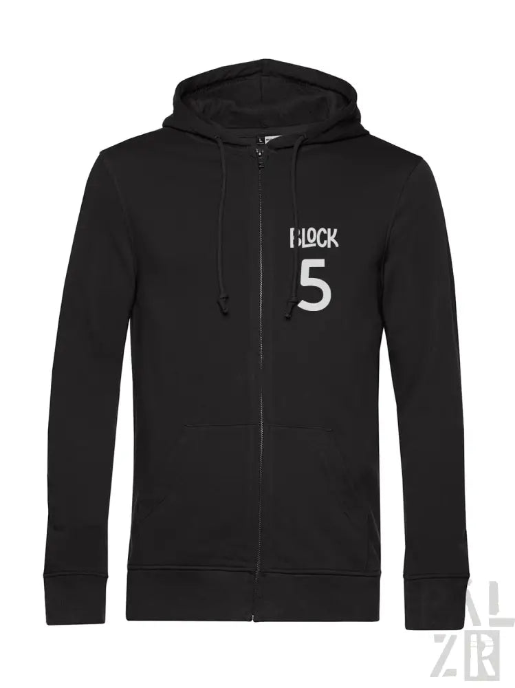 Schwarzes Kapuzen-Sweatshirt mit Reißverschluss und „i lock 5“-Design auf der Vorderseite.