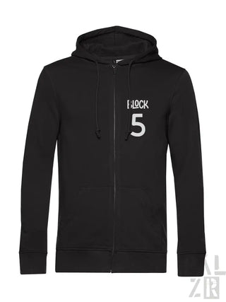 Schwarzes Kapuzen-Sweatshirt mit Reißverschluss und „i lock 5“-Design auf der Vorderseite.