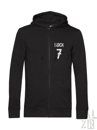 Schwarze Kapuzenjacke mit Reißverschluss und „i lock 7“-Design auf der Vorderseite.
