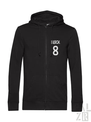 Schwarzes Reißverschluss-Hoodie mit ’i woke 8’’-Design auf der Vorderseite.