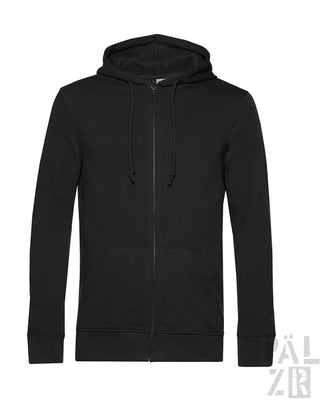 Schwarze Kapuzenjacke mit Reißverschluss, Kordelkapuze und gerippten Bündchen, aus Baumwollmischgewebe.