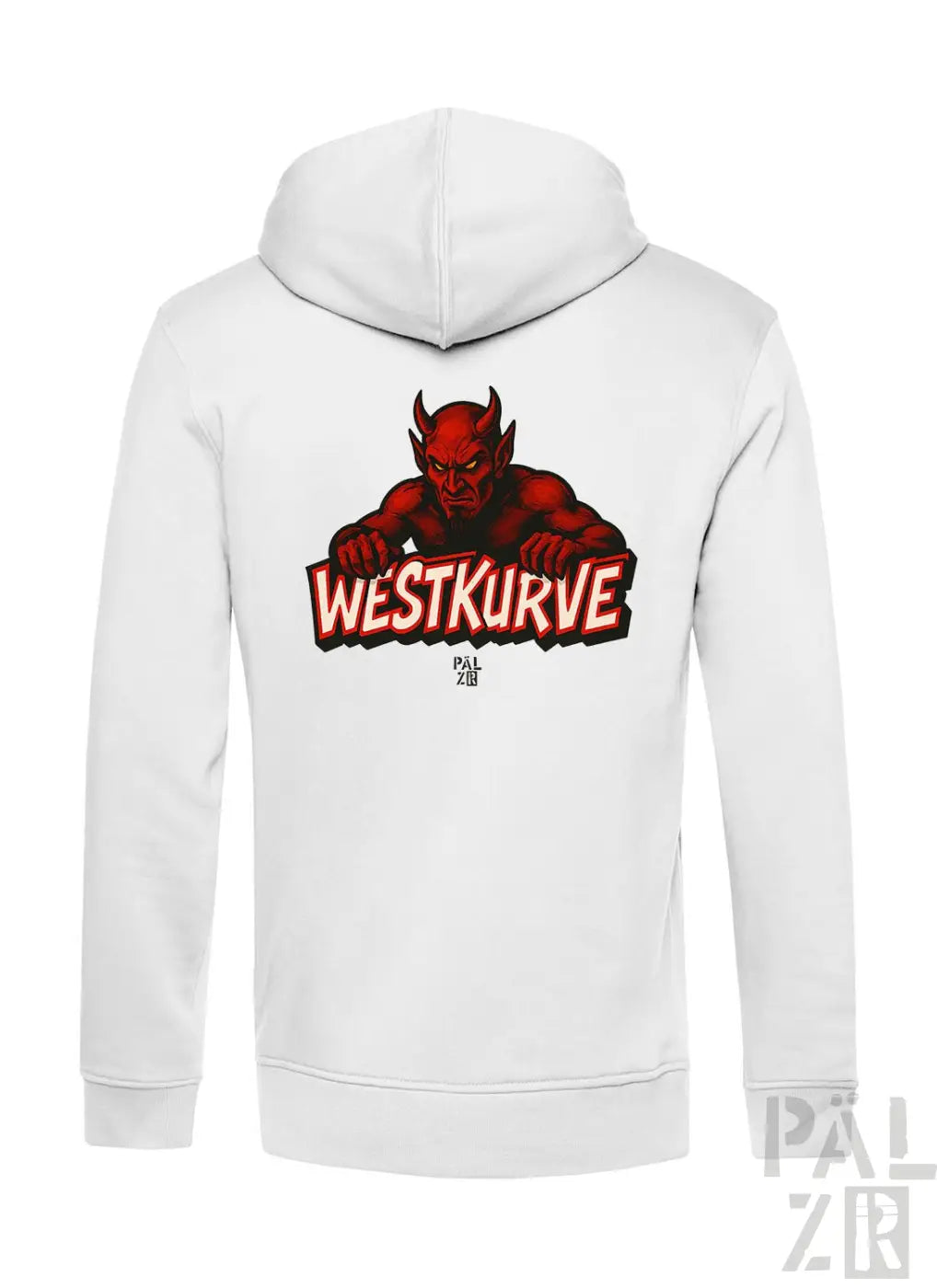 Weiße Hoodie mit rotem Teufel-Design und ’westkurve’-Text.