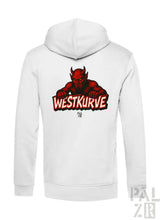 Weiße Hoodie mit rotem Teufel-Design und ’westkurve’-Text.