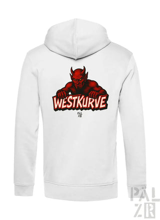 Weiße Hoodie mit rotem Teufel-Design und ’westkurve’-Text.