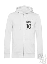 Weiße Kapuzenjacke mit Reißverschluss und „i block 10“-Design auf der Vorderseite.
