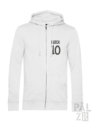 Weiße Kapuzenjacke mit Reißverschluss und „i block 10“-Design auf der Vorderseite.