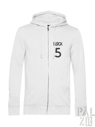 Weiße Kapuzenjacke mit Reißverschluss und „i lock 5”-Design auf der Brust.