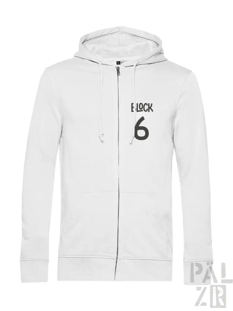 Weiße Kapuzenjacke mit Reißverschluss und ’e lock 6’’-Design auf der Vorderseite.