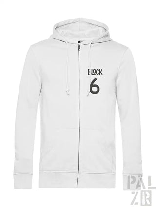Weiße Kapuzenjacke mit Reißverschluss und ’e lock 6’’-Design auf der Vorderseite.