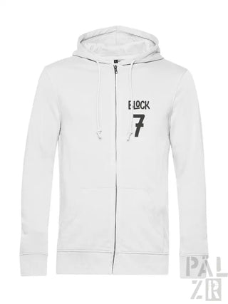 Weiße Kapuzenjacke mit Reißverschluss und ’e lock 7’’-Design auf der Vorderseite.