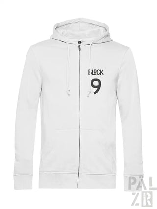Weiße Kapuzenjacke mit Reißverschluss und Design „i lock 9’’ auf der Vorderseite.