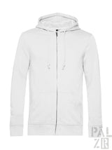 Weiße Kapuzenjacke mit Reißverschluss, Kordelzügen und Kapuze.