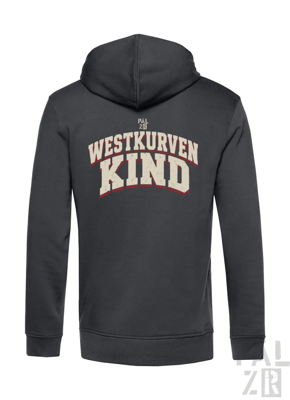Dunkelgrauer männer zip-up hoodie mit verblasstem weiß-rotem westkurvenkind grafik auf der rückseite